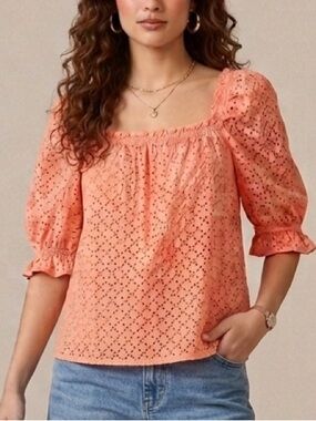 POMANDER PLACE Women’s Coral Eyelet Iris Puff Sleeve Blouse Size Small Preppy